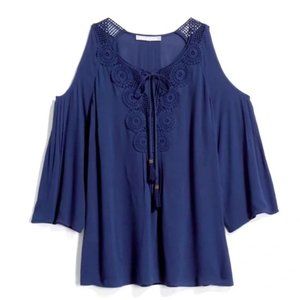Daniel Rainn S Blue Lace Crochet Tie Cold Shoulder Top Coastal Boho Cottage Mod